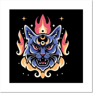 Flaming Cat Tattoo - Fierce Fire Kitty Posters and Art